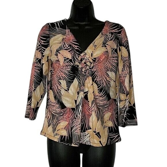 Caribbean Joe Leaf Print V-Neck‎ Stretch Top Womens Size M Black/Pink - Picture 1 of 5